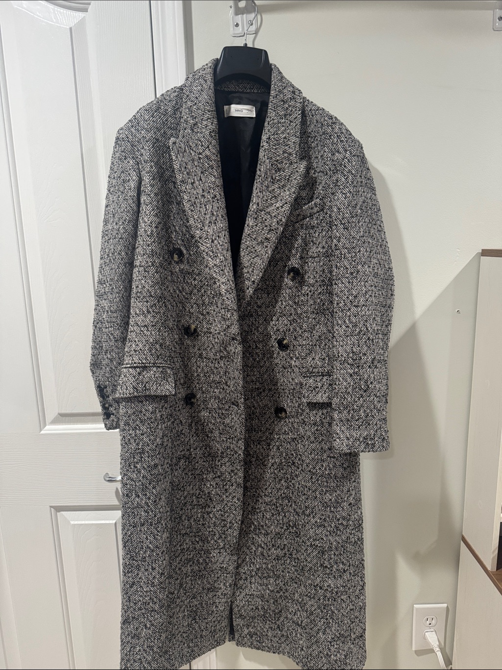 Mango Black And White Herringbone Trench Coat